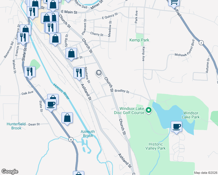 map of restaurants, bars, coffee shops, grocery stores, and more near 26-62 Highland Ave in North Adams