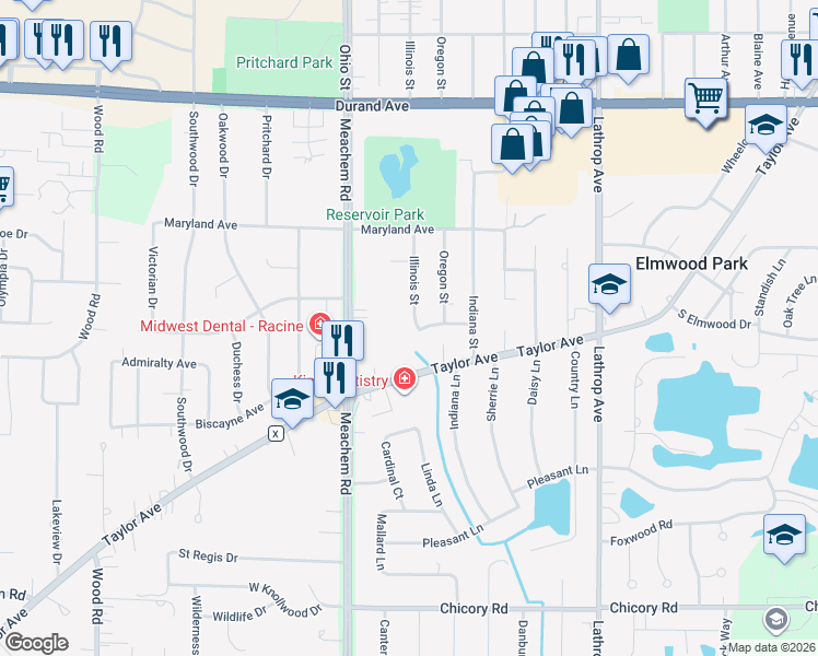 map of restaurants, bars, coffee shops, grocery stores, and more near 3448 Illinois Street in Mount Pleasant