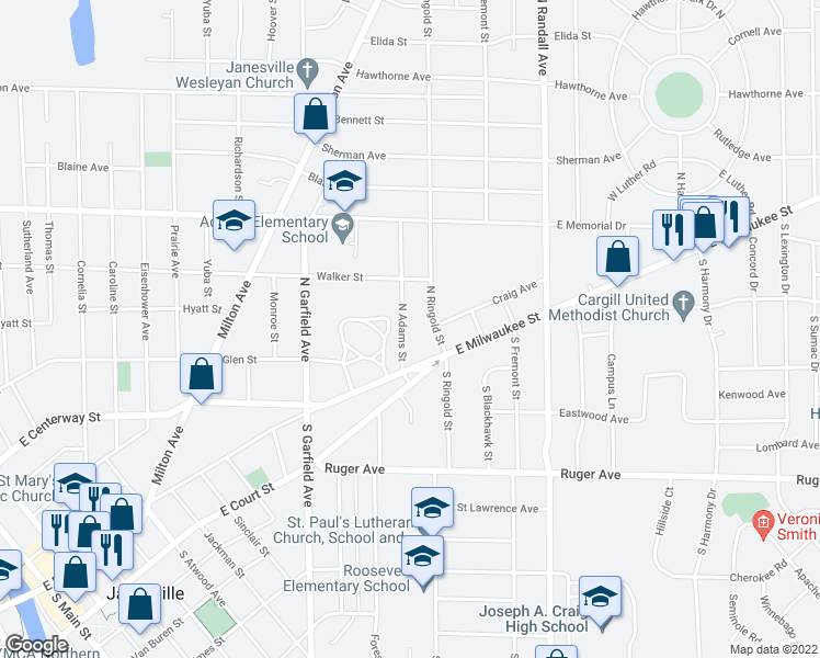 map of restaurants, bars, coffee shops, grocery stores, and more near 536 North Adams Street in Janesville