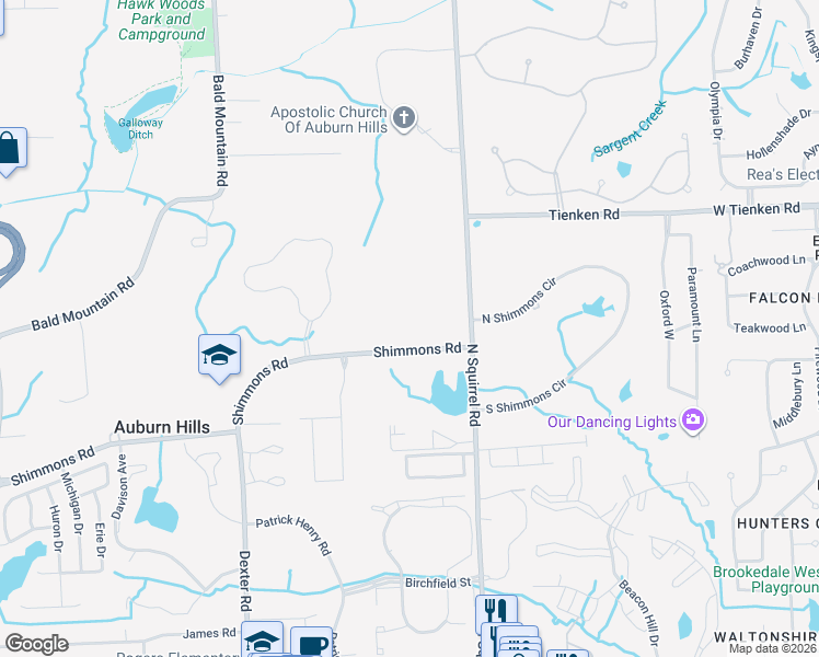map of restaurants, bars, coffee shops, grocery stores, and more near 3395 Shimmons Road in Auburn Hills