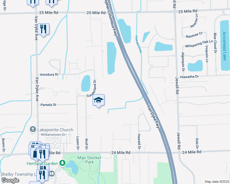 map of restaurants, bars, coffee shops, grocery stores, and more near 53978 Sunderland Drive in Shelby Charter Township