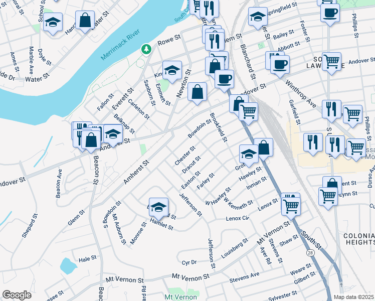 map of restaurants, bars, coffee shops, grocery stores, and more near 123 Chester Street in Lawrence