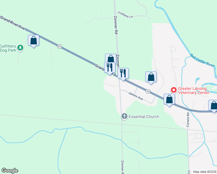 map of restaurants, bars, coffee shops, grocery stores, and more near 1212 Zimmer Place in Williamston