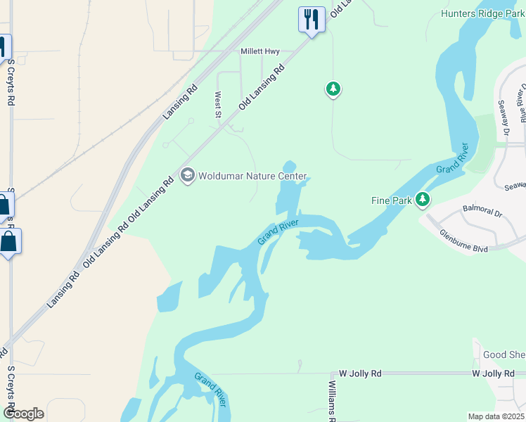 map of restaurants, bars, coffee shops, grocery stores, and more near 4133 River Cove Drive in Lansing