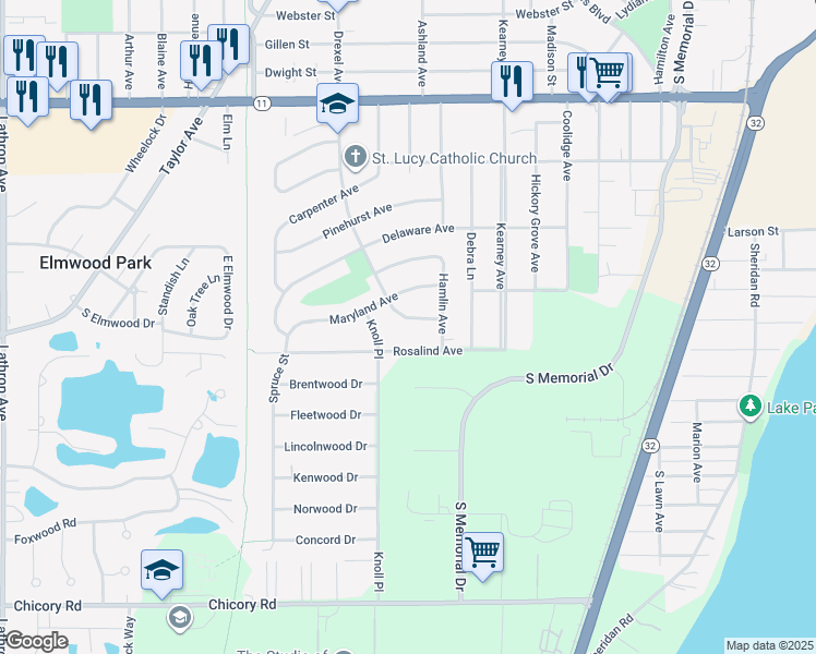 map of restaurants, bars, coffee shops, grocery stores, and more near 2600 Rosalind Avenue in Racine