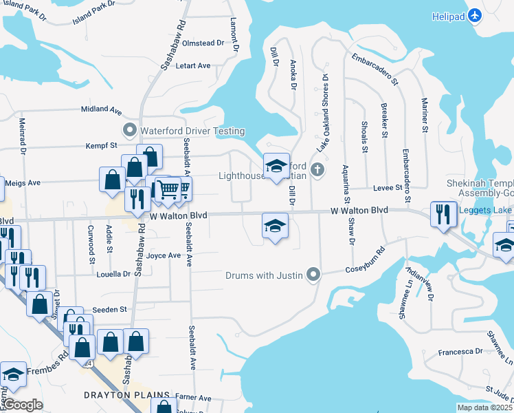 map of restaurants, bars, coffee shops, grocery stores, and more near 3860 West Walton Boulevard in Waterford Township
