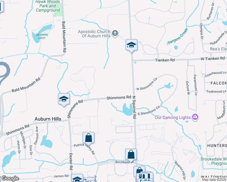 map of restaurants, bars, coffee shops, grocery stores, and more near 3395 Shimmons Road in Auburn Hills