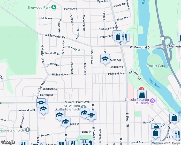 map of restaurants, bars, coffee shops, grocery stores, and more near 703 North Oakhill Avenue in Janesville
