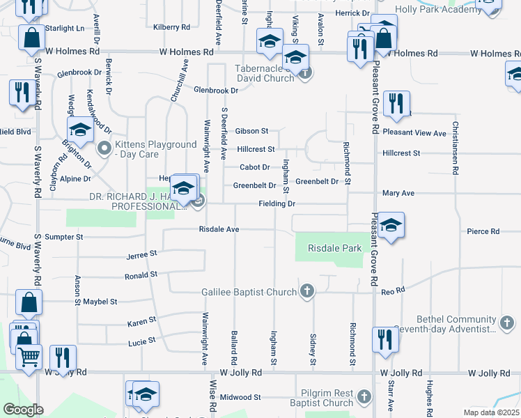 map of restaurants, bars, coffee shops, grocery stores, and more near 2838 Risdale Avenue in Lansing
