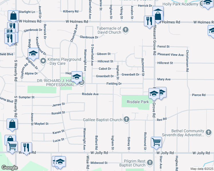 map of restaurants, bars, coffee shops, grocery stores, and more near 2838 Risdale Avenue in Lansing