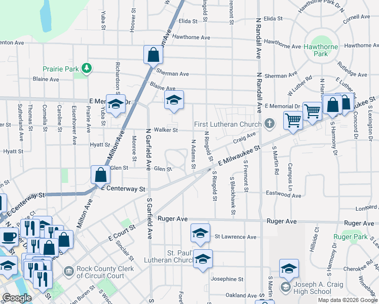 map of restaurants, bars, coffee shops, grocery stores, and more near 524 North Adams Street in Janesville