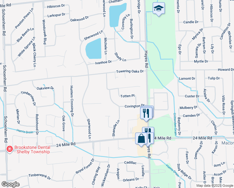 map of restaurants, bars, coffee shops, grocery stores, and more near 53501 Stonehenge Drive in Shelby charter Township