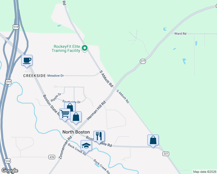 map of restaurants, bars, coffee shops, grocery stores, and more near 5785 Herman Hill Road in Hamburg