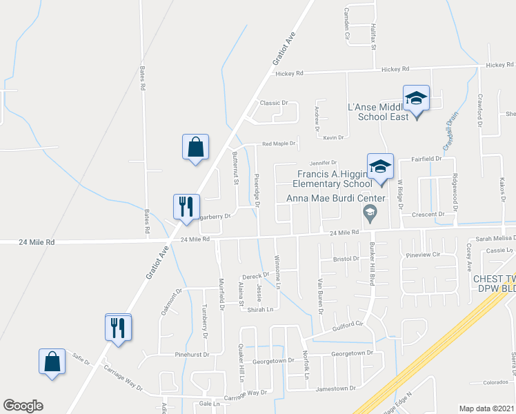 map of restaurants, bars, coffee shops, grocery stores, and more near Pineridge Drive in New Baltimore