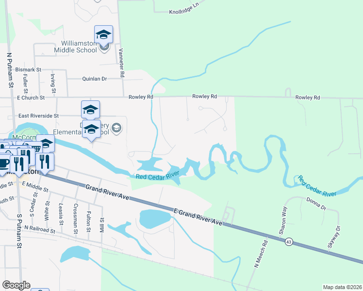 map of restaurants, bars, coffee shops, grocery stores, and more near 1126-1198 Riverview Court in Williamston