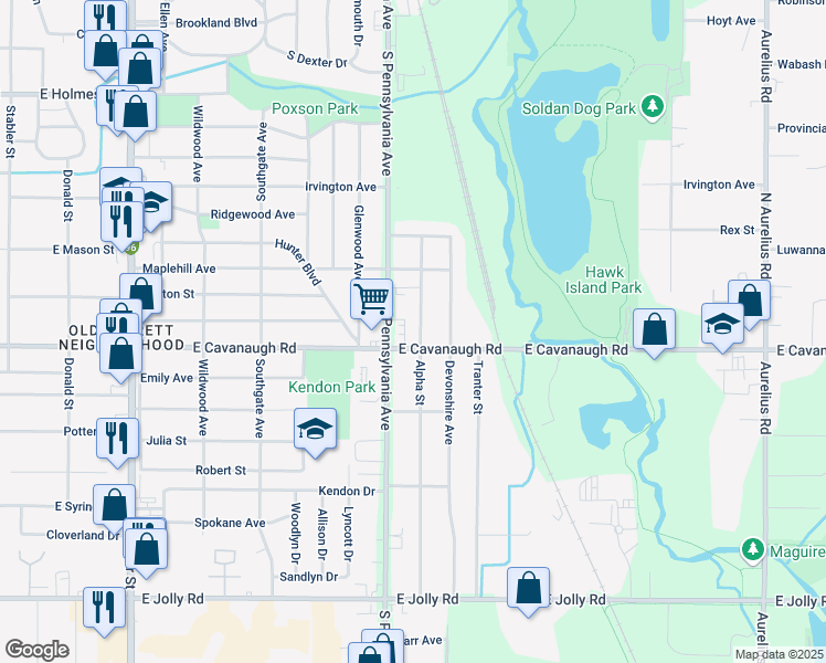 map of restaurants, bars, coffee shops, grocery stores, and more near 4300 Alpha Street in Lansing