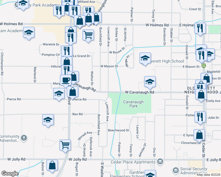 map of restaurants, bars, coffee shops, grocery stores, and more near 4205 Lowcroft Avenue in Lansing