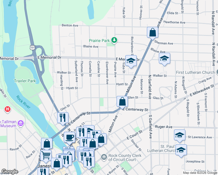 map of restaurants, bars, coffee shops, grocery stores, and more near 515 Eisenhower Avenue in Janesville