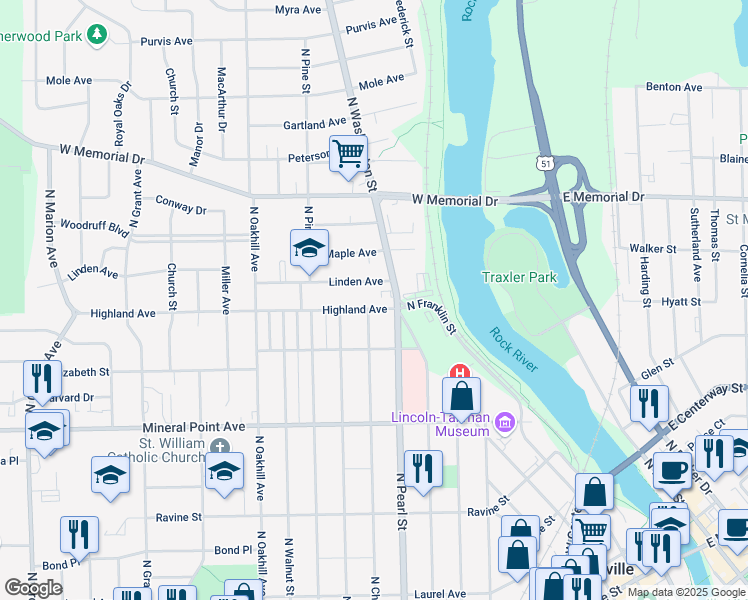 map of restaurants, bars, coffee shops, grocery stores, and more near 1321 Highland Avenue in Janesville