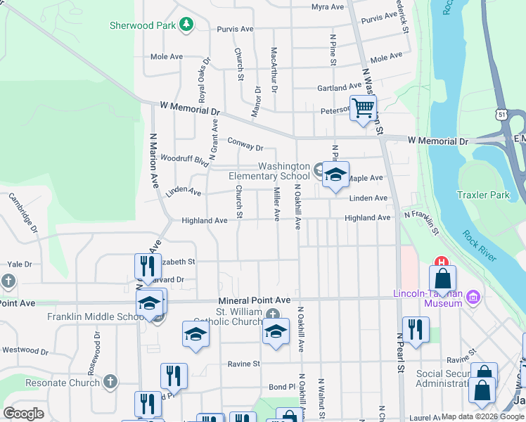 map of restaurants, bars, coffee shops, grocery stores, and more near 1909 Highland Avenue in Janesville