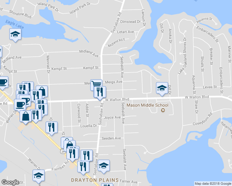 map of restaurants, bars, coffee shops, grocery stores, and more near 4149 Quillen Avenue in Waterford charter Township