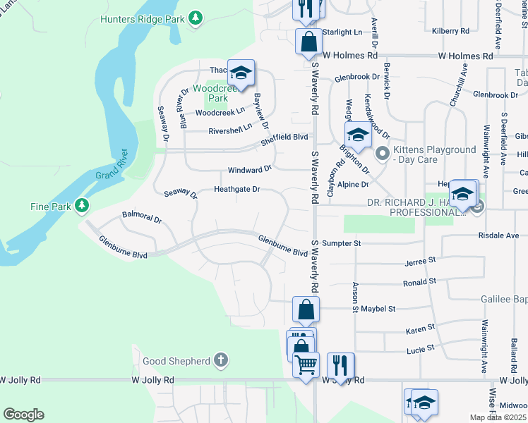 map of restaurants, bars, coffee shops, grocery stores, and more near 4319 Macdougal Circle in Lansing