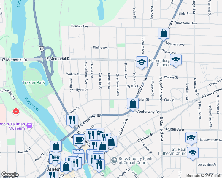map of restaurants, bars, coffee shops, grocery stores, and more near 515 Eisenhower Avenue in Janesville