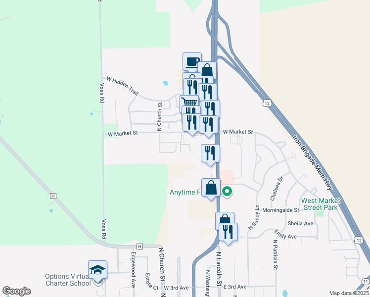 map of restaurants, bars, coffee shops, grocery stores, and more near 913 North Church Street in Elkhorn