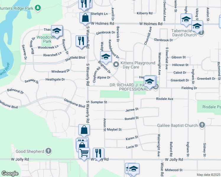 map of restaurants, bars, coffee shops, grocery stores, and more near 3622 Sumpter Street in Lansing
