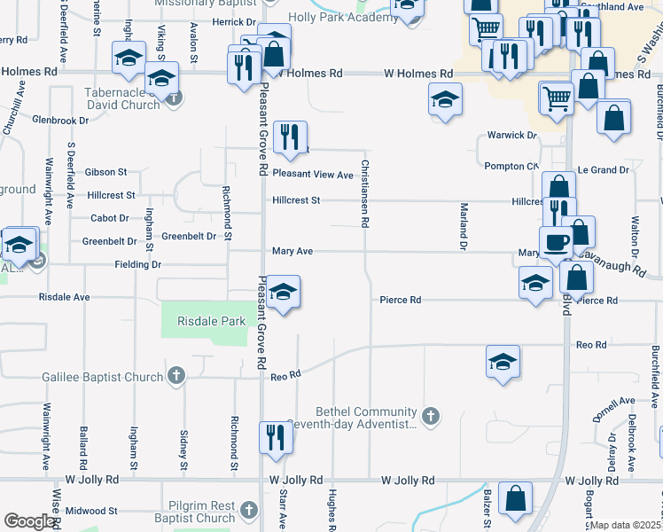 map of restaurants, bars, coffee shops, grocery stores, and more near 2003 Mary Avenue in Lansing