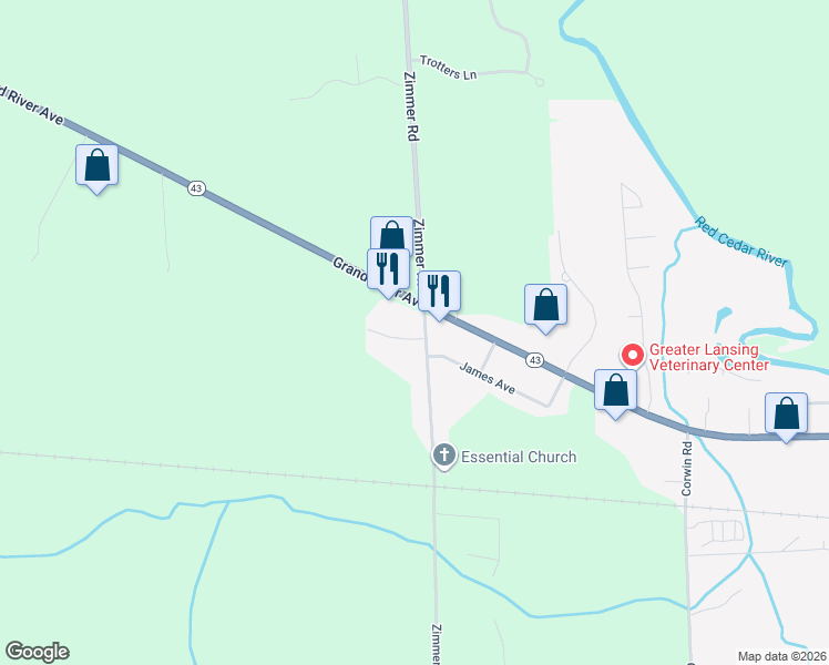 map of restaurants, bars, coffee shops, grocery stores, and more near 1238 Zimmer Place in Williamston