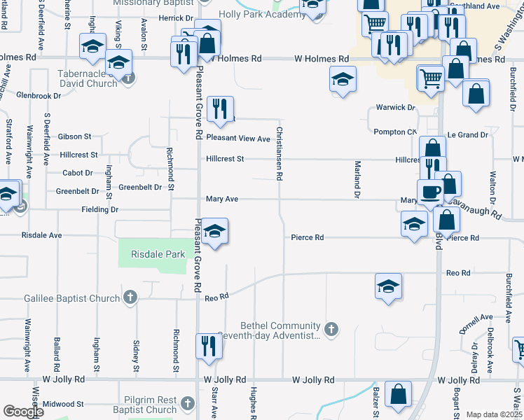 map of restaurants, bars, coffee shops, grocery stores, and more near 2003 Mary Avenue in Lansing