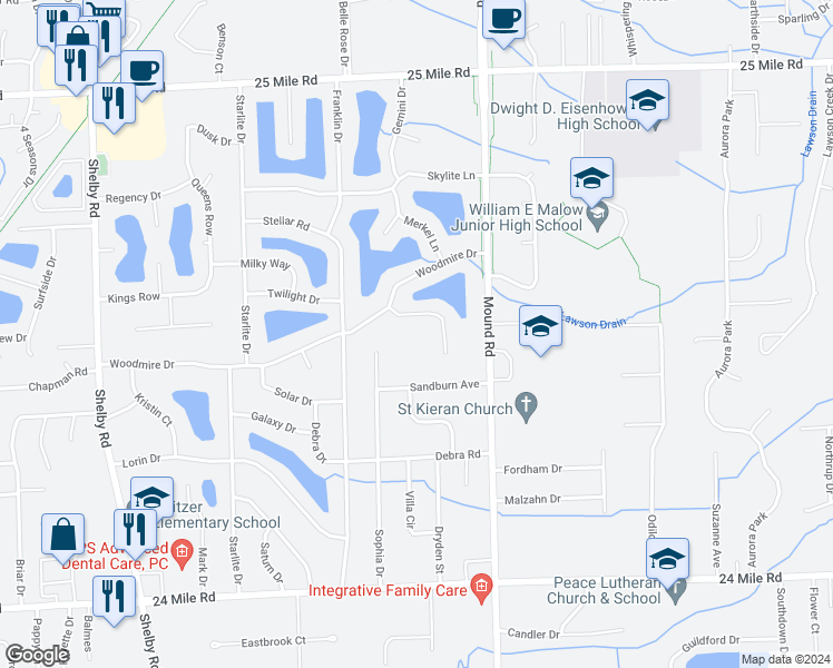 map of restaurants, bars, coffee shops, grocery stores, and more near 5660 Celestial Court in Macomb County