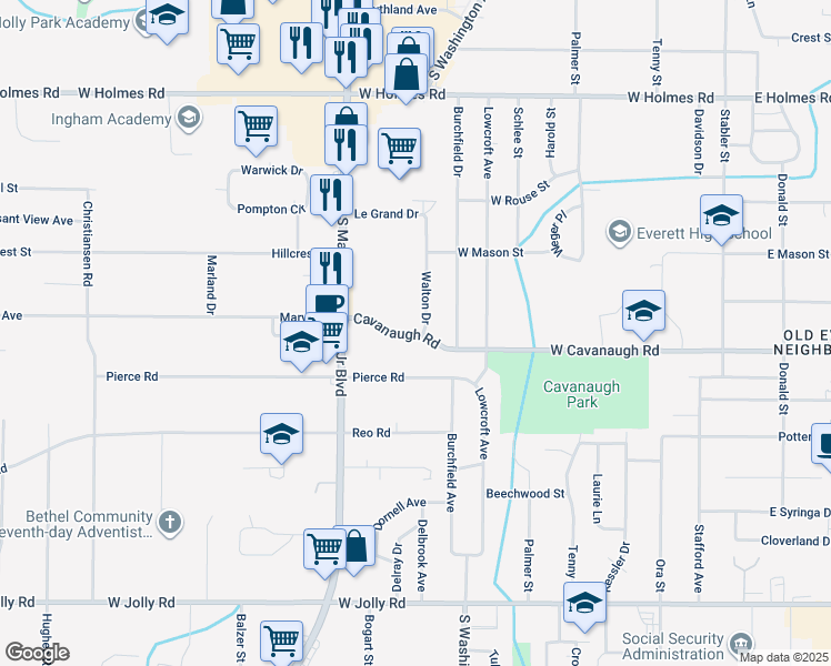 map of restaurants, bars, coffee shops, grocery stores, and more near 819 West Cavanaugh Road in Lansing