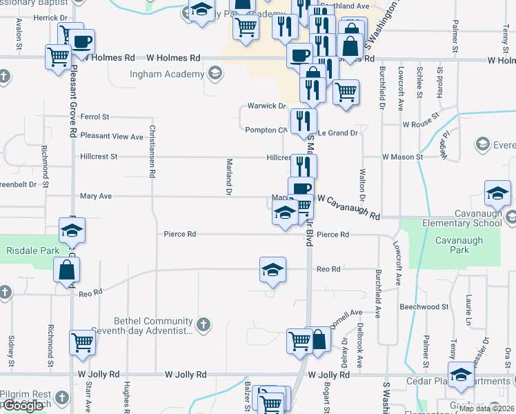 map of restaurants, bars, coffee shops, grocery stores, and more near 1404 Pierce Road in Lansing