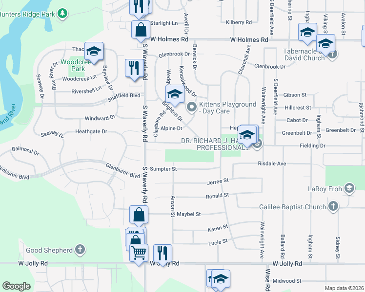 map of restaurants, bars, coffee shops, grocery stores, and more near 3622 Sumpter Street in Lansing