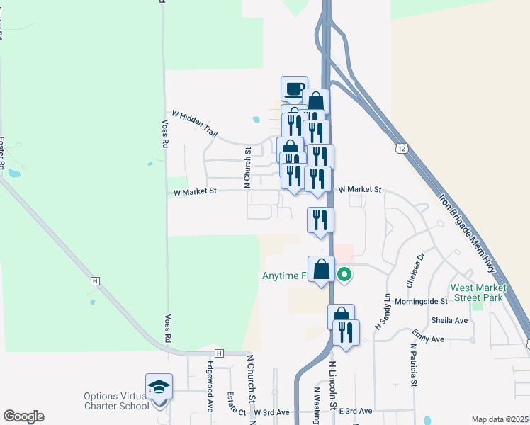 map of restaurants, bars, coffee shops, grocery stores, and more near 913 North Church Street in Elkhorn