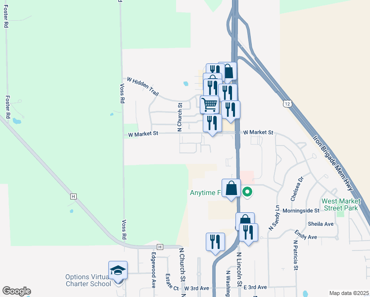 map of restaurants, bars, coffee shops, grocery stores, and more near 909 North Church Street in Elkhorn