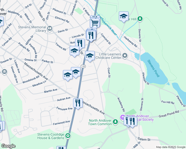 map of restaurants, bars, coffee shops, grocery stores, and more near 28 Bay State Road in North Andover