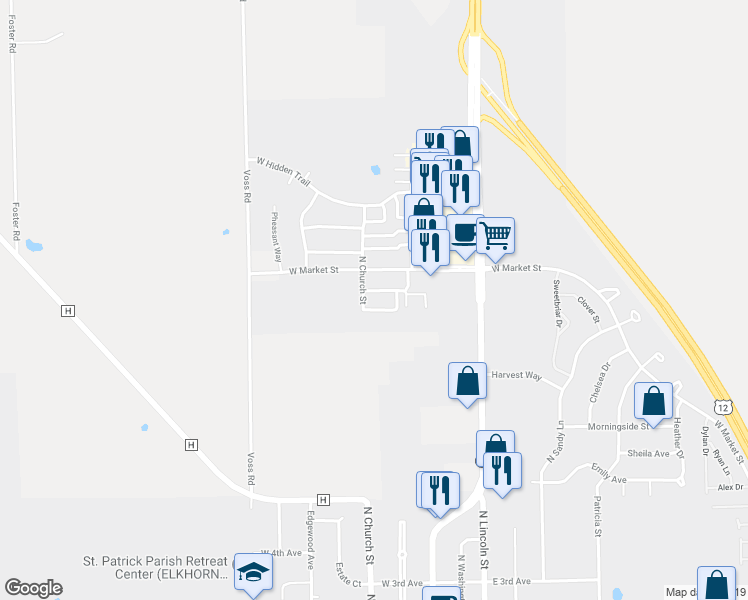 map of restaurants, bars, coffee shops, grocery stores, and more near 909 North Church Street in Elkhorn