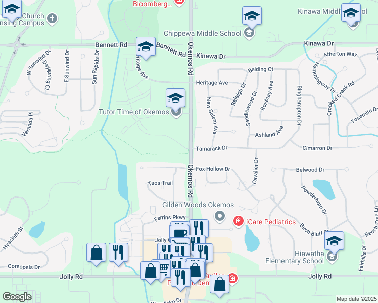 map of restaurants, bars, coffee shops, grocery stores, and more near 2297 Knob Hill Dr in Meridian Charter Township