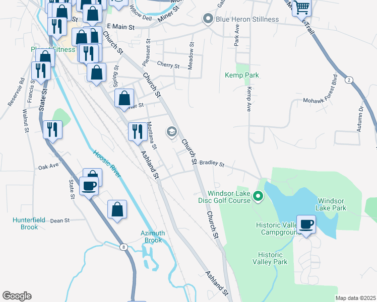 map of restaurants, bars, coffee shops, grocery stores, and more near 62 Highland Ave in North Adams