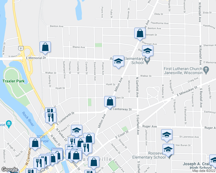 map of restaurants, bars, coffee shops, grocery stores, and more near 814 Hyatt Street in Janesville
