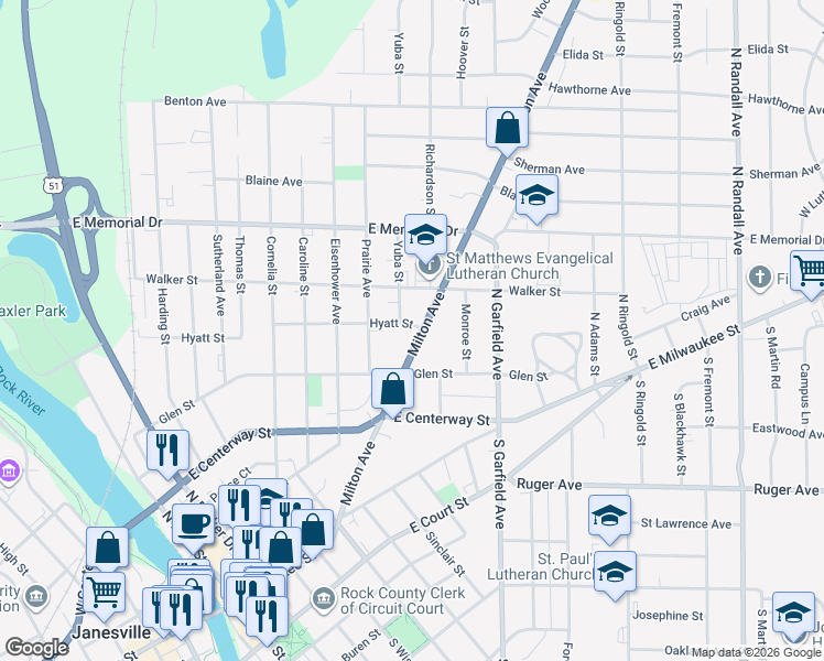 map of restaurants, bars, coffee shops, grocery stores, and more near 517 Milton Avenue in Janesville