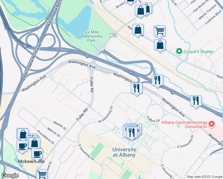 map of restaurants, bars, coffee shops, grocery stores, and more near in Albany