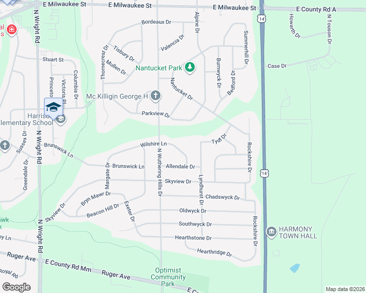 map of restaurants, bars, coffee shops, grocery stores, and more near 818 North Wuthering Hills Drive in Janesville