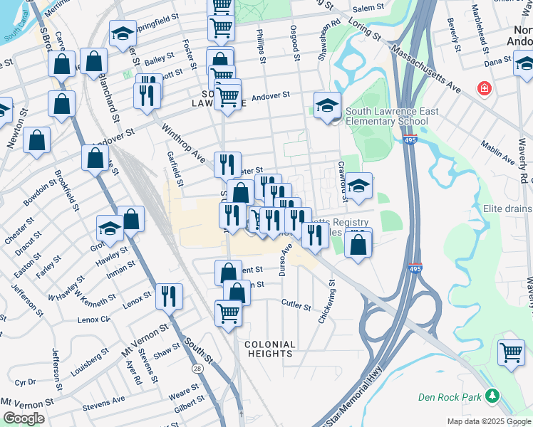 map of restaurants, bars, coffee shops, grocery stores, and more near 110 Salem Turnpike in Lawrence