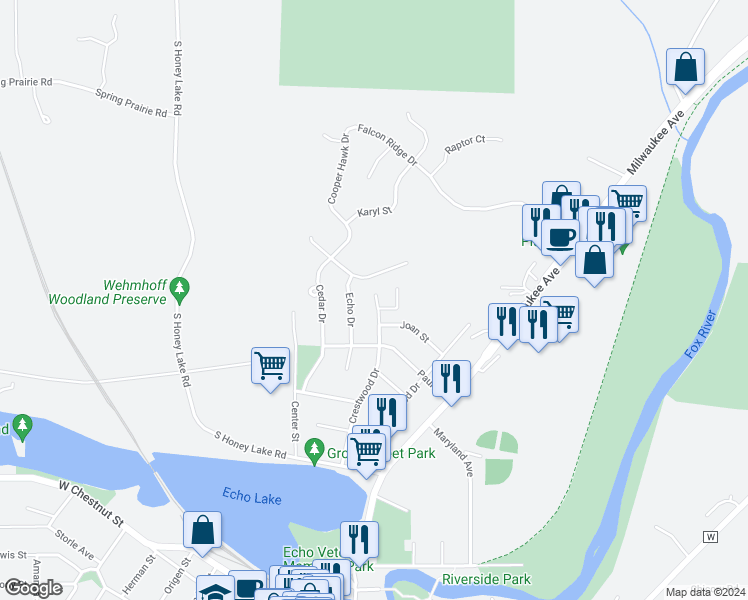 map of restaurants, bars, coffee shops, grocery stores, and more near 943 Crestwood Drive in Burlington