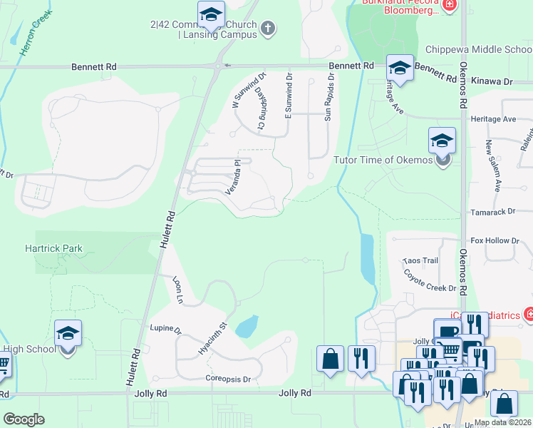 map of restaurants, bars, coffee shops, grocery stores, and more near 2618 Elderberry Drive in Meridian charter Township