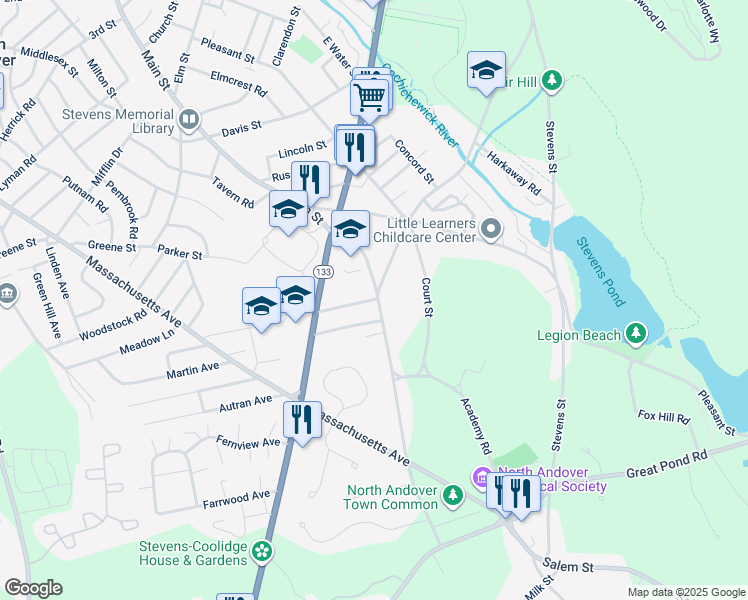 map of restaurants, bars, coffee shops, grocery stores, and more near 10 Beacon Hill Boulevard in North Andover